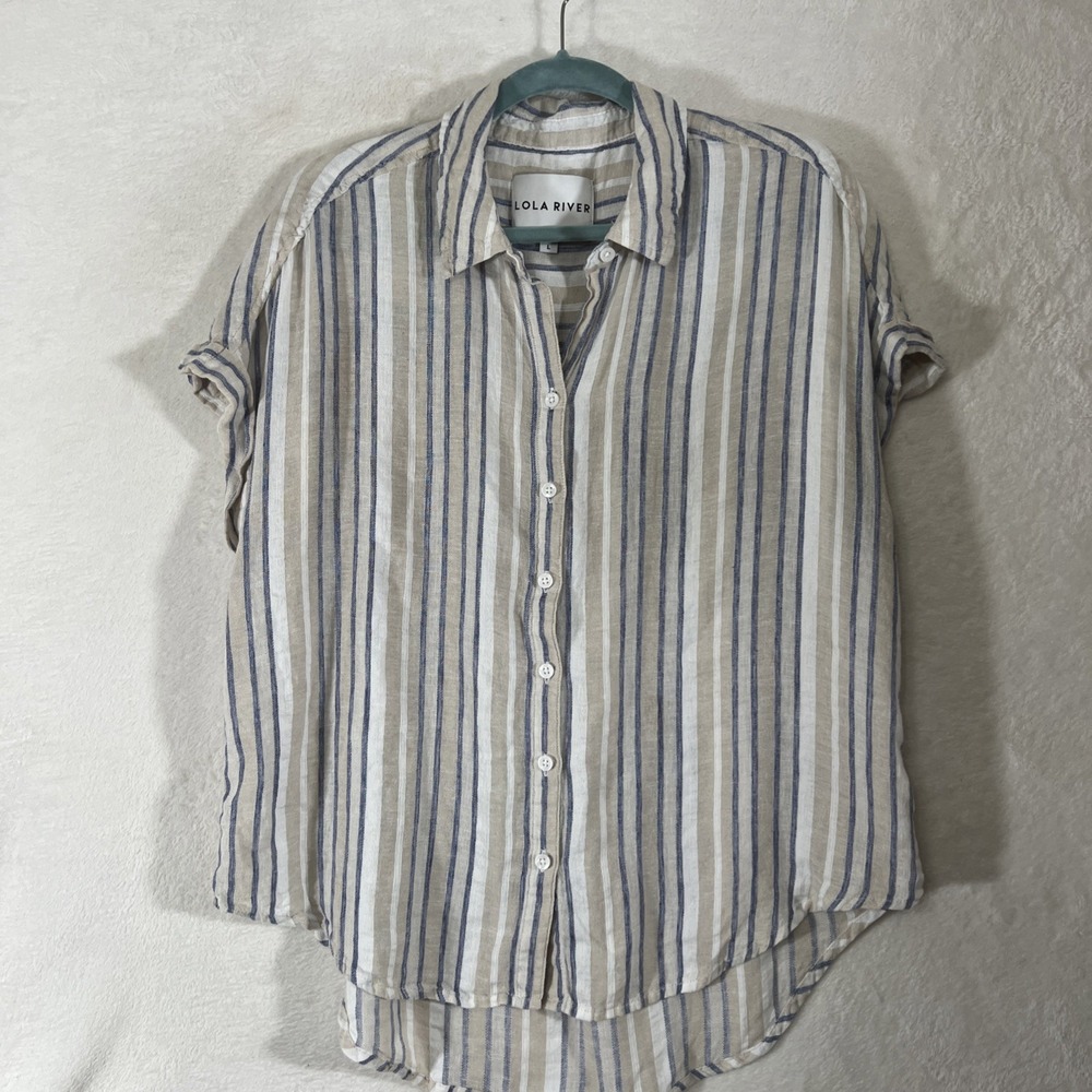 Lola River Blouse Top Womens Button Up Linen Blend Blue Stripe Beachy Coastal L